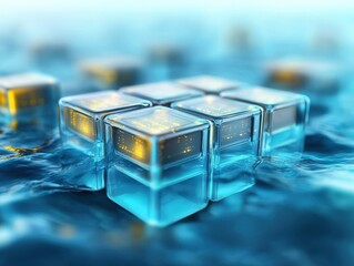 Transparent digital cubes with glowing yellow circuits float on a blue, water-like surface, symbolizing technology and futuristic data visualization.