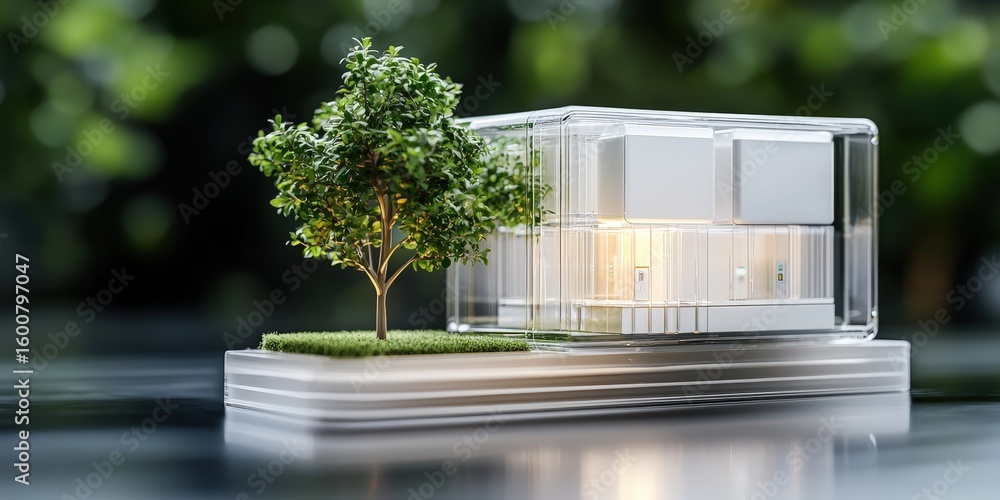 Poster a modern transparent architectural model of a building sits next to a small tree on a reflective sur