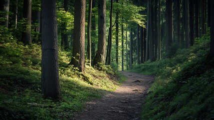 Obraz premium A striking representation of the mid-life of trees as seen on a forest trail 