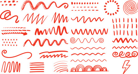 Red abstract brush stroke lines and shapes collection vector