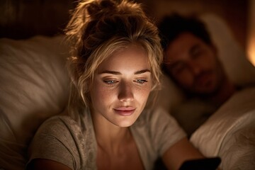 Young woman lying in bed at night, using her smartphone while her male partner sleeps peacefully beside her. Soft light from the screen creating a cozy atmosphere in their intimate bedroom