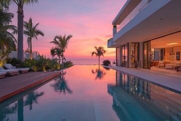 **Stunning Wide-Angle View Of A Luxury Modern House With A Sleek Infinity Pool At The Edge, Overlooking Ocean Views. The House Features Clean Lines, A Flat Roof, And Expansive Sliding Glass Doors That