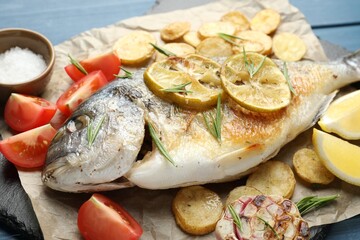 Tasty roasted dorado fish with vegetables and spices on table, closeup. Homemade seafood dish
