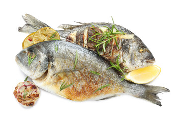 Tasty roasted dorado fish with spices isolated on white, top view. Homemade seafood dish