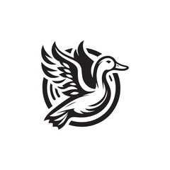 Fototapeta premium Stylized black and white illustration of a duck in flight with outstretched wings inside a circular emblem