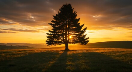 Solitary pine tree silhouetted against a fiery sunset sky