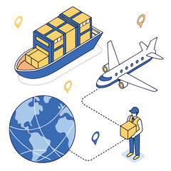 Global logistics and shipping isometric illustration isolated on white background