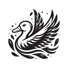 Fototapeta premium Stylized black and white illustration of a majestic duck with outstretched wings in water