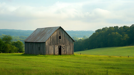 Obraz premium An old barn made of weathered wood set in a green field 