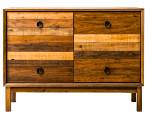 Rustic wooden dresser with multiple-toned wood front drawers on a transparent background