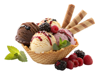 Delicious mixed berry and vanilla ice cream scoops in waffle bowl with chocolate syrup, wafer rolls, and mint garnish isolated on transparent background