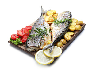 Tasty roasted mackerels with spices and vegetables isolated on white. Homemade seafood dish