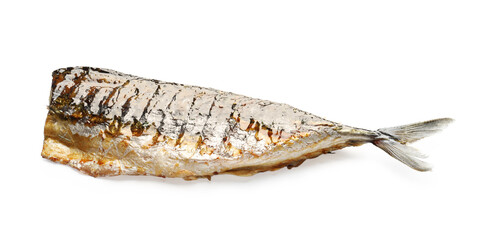 One tasty roasted mackerel isolated on white. Homemade seafood dish