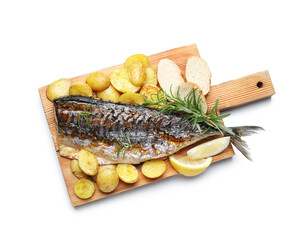Tasty roasted mackerel with spices and potatoes isolated on white, top view. Homemade seafood dish