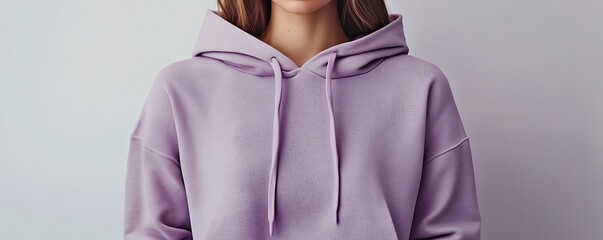 Muted lavender purple casual women crop hoodie jumper mockup, oversized relaxed design for trendy wear, isolated on soft white,