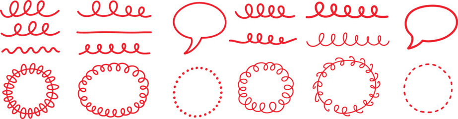 Red decorative swirls and speech bubbles collection line wavy