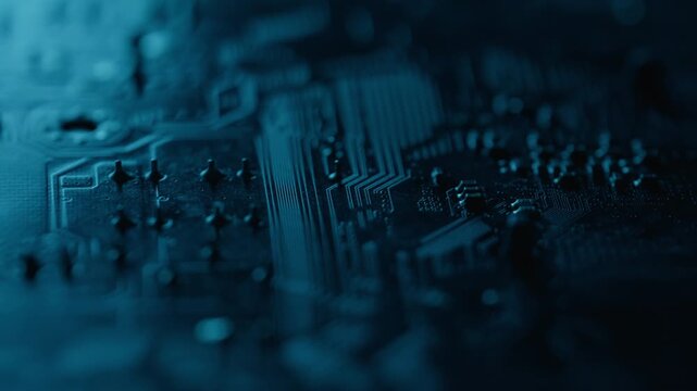 Closeup schematic controlling flow in electric grid motherboard. Macro view