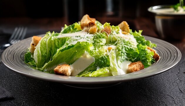 a classic caesar salad with crisp romaine lettuce creamy caesar dressing