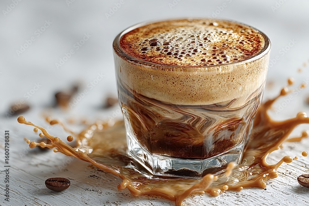 Poster coffee splashing out of a glass creates a dynamic scene on a white wooden table, with scattered coff