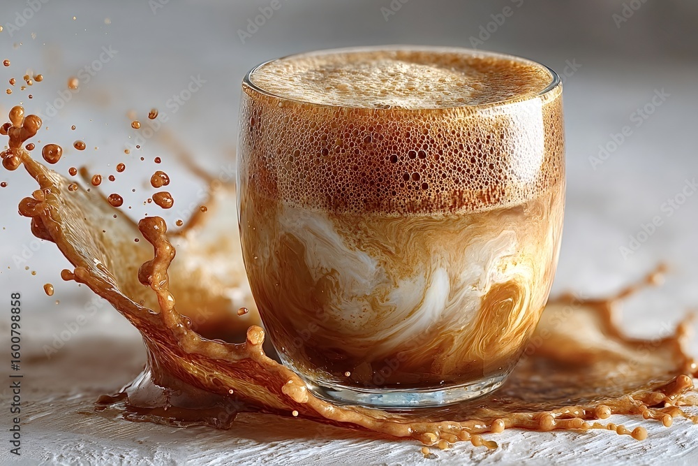 Poster coffee and milk splashing together from a round glass on a white table, creating a lively and captiv