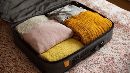 Neatly folded sweaters and garments are organized inside an open suitcase, ready for travel.