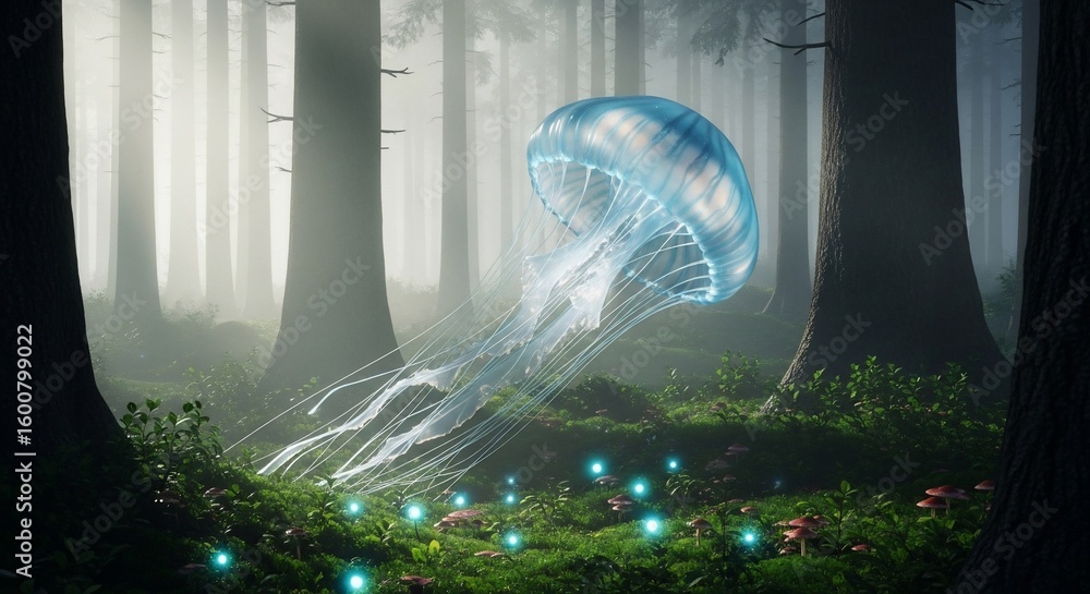 Poster surreal scene of jellyfish floating through a misty forest with glowing orbs