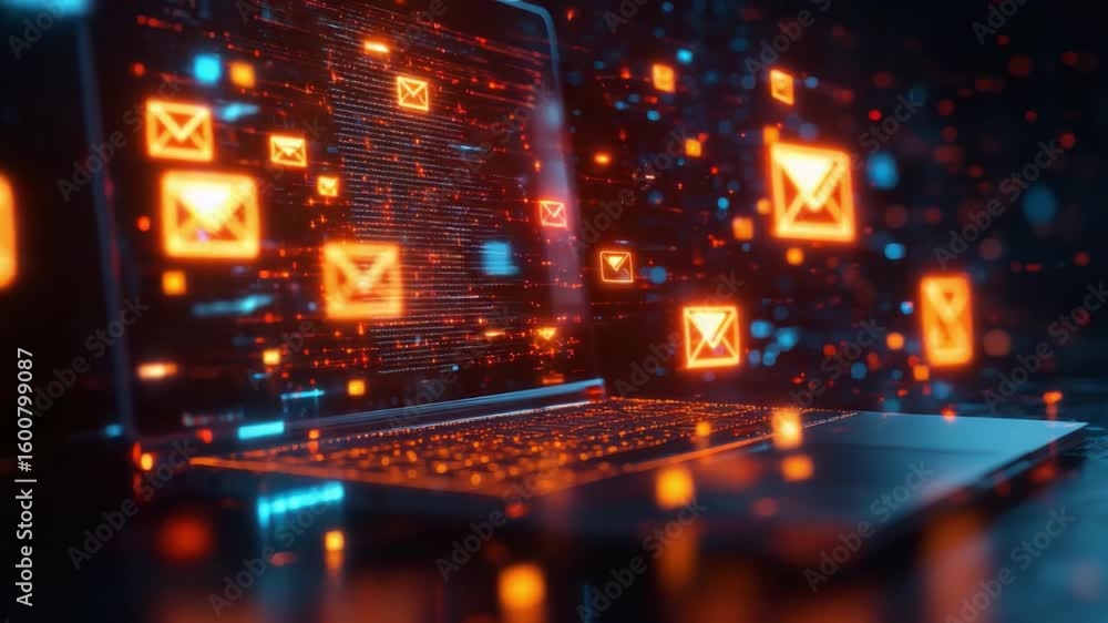 Poster digital communication concept with email symbols and abstract technology background in futuristic st
