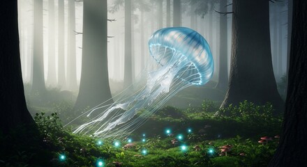 Surreal scene of jellyfish floating through a misty forest with glowing orbs