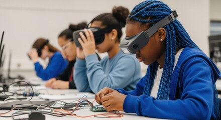 Young students engage in virtual reality technology and electronics projects