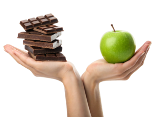 Ultra-realistic image of hands holding chocolate bars and green apple – concept of healthy vs unhealthy food choice