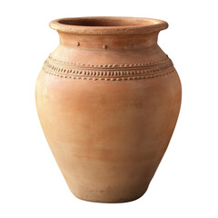 Antique terracotta vase isolated on white background showing unique textured details and designs