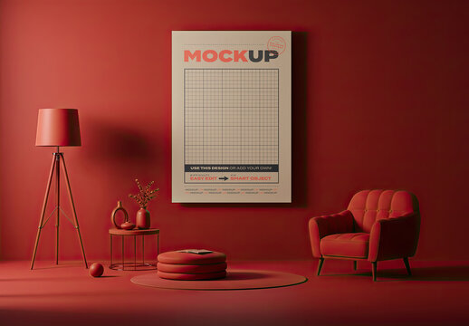Red Living Room Vertical Poster Image Photo Mockup