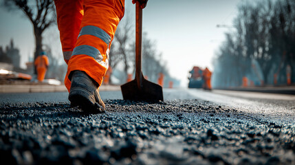Close up of worker in orange safety pants and boots with shovel on asphalt road construction