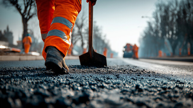 Close up of worker in orange safety pants and boots with shovel on asphalt road construction