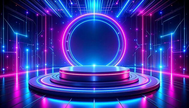 Futuristic pedestal stage with vibrant neon lights