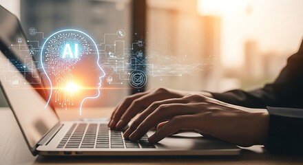 Hands typing on a laptop with an ai brain graphic overlayed on screen