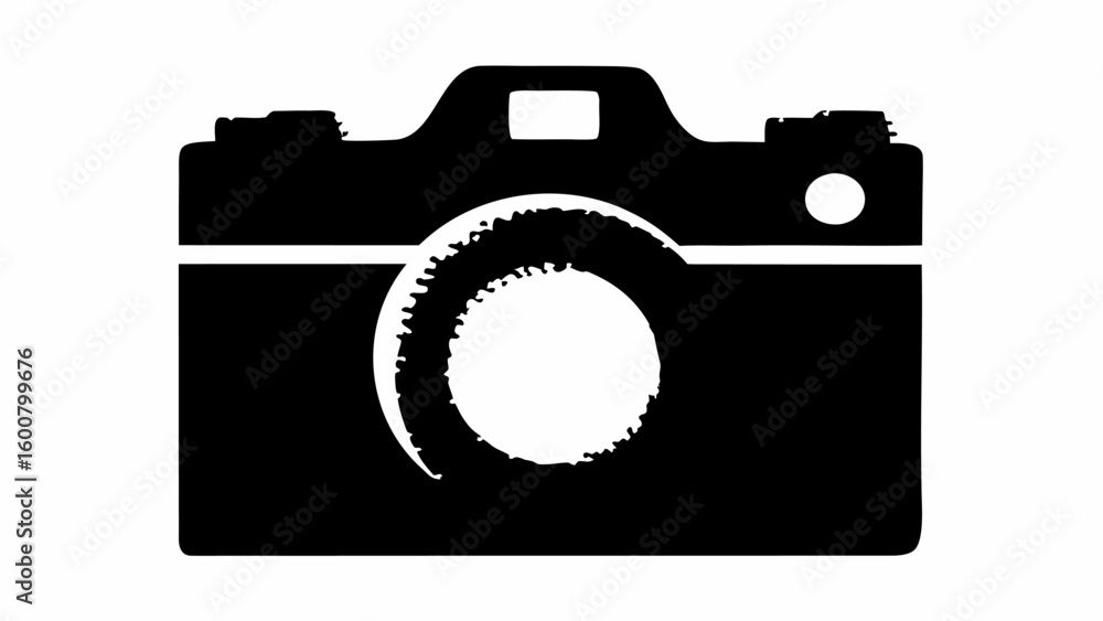 Aufkleber a black and white silhouette of a camera with a lens and a flash and a top handle and a rectangular 