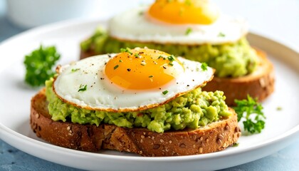 Two slices of toast topped with avocado and fried eggs