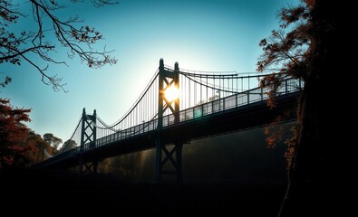 Fototapeta premium Autumn morning on the hanging bridge Vibrant Rim Light technology vibrant background colorful modern