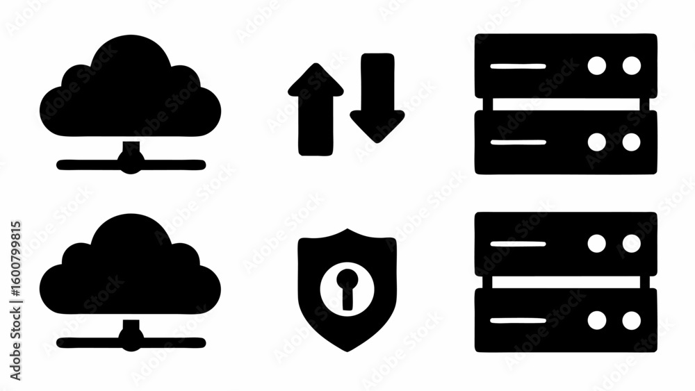 Poster illustration showing cloud computing servers data transfer security and network connections in black
