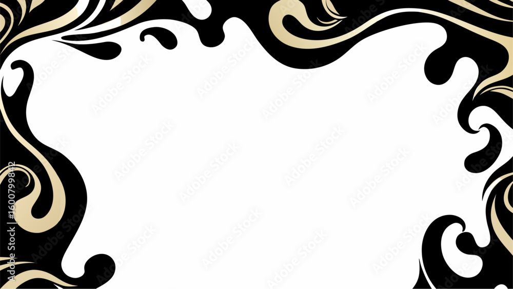 Poster abstract frame with black and gold swirls creating a decorative border around a white space area