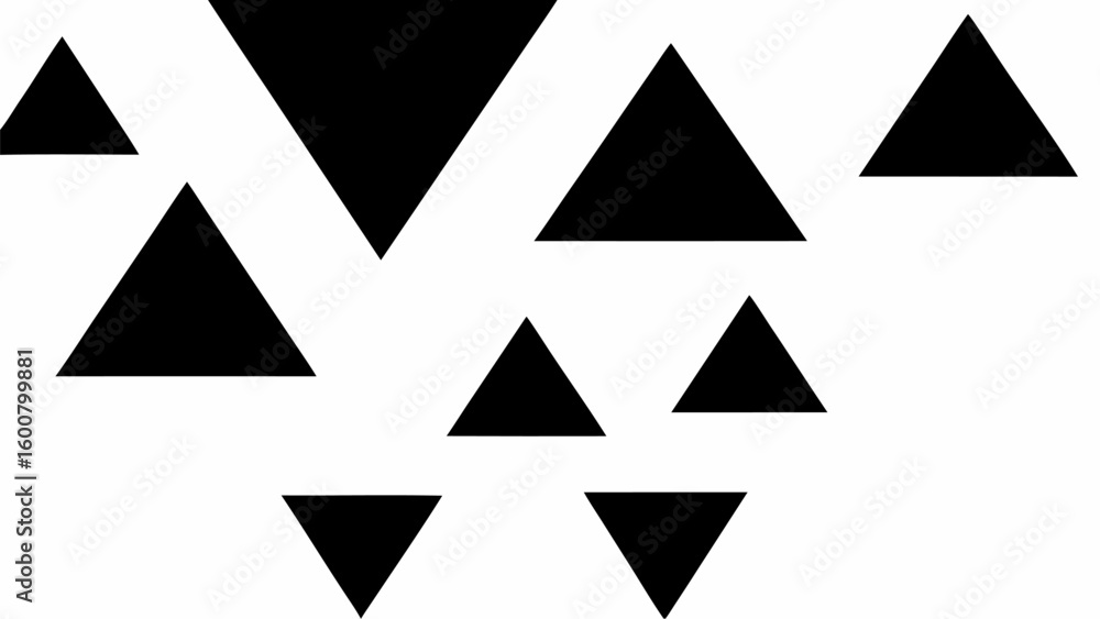Poster black triangles of varying sizes scattered across a white background creating a geometric pattern