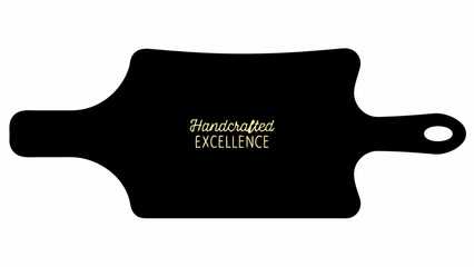 Illustration of a black cutting board with handle and the words handcrafted excellence in the center area