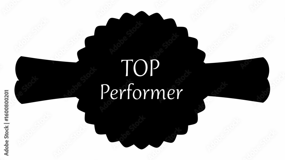 Fototapete black badge with scalloped edges and ribbon ends displaying the text top performer in white font sty