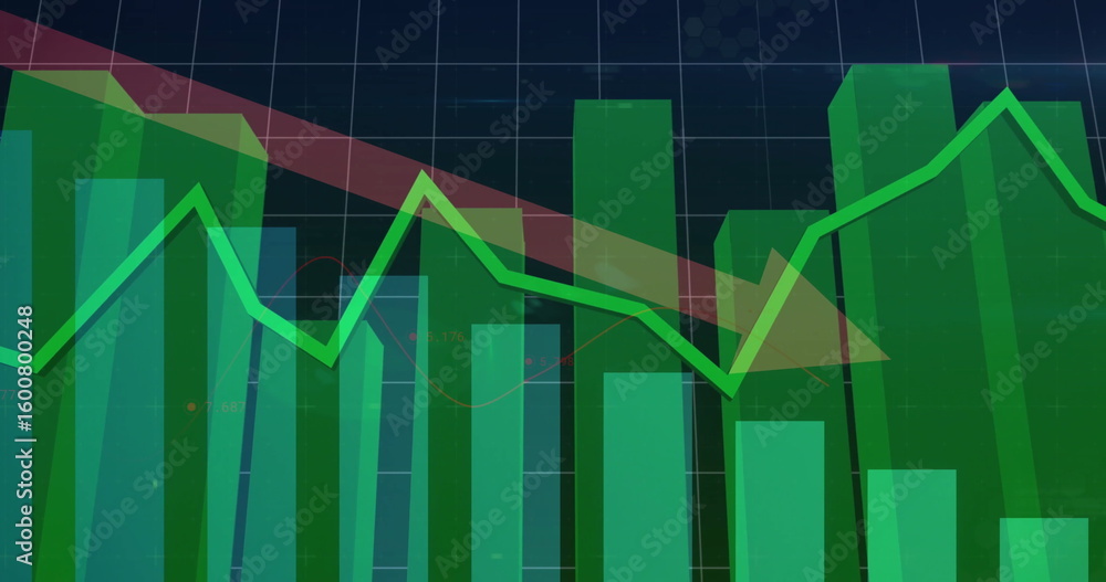 Poster green bar and line chart trending across dark blue grid with numeric labels, with red arrow