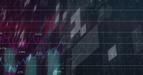 Displaying dashboard showing magenta and blue lines and bar columns with percent labels on screen