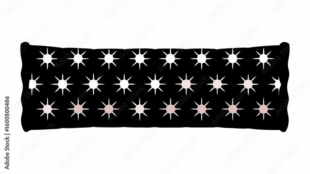 Poster a black rectangular pillow with three rows of white and light pink starburst patterns evenly spaced 