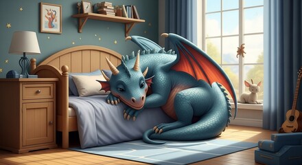 Whimsical Dragon Napping Peacefully in a Cozy Kid's Bedroom Interior Illustration