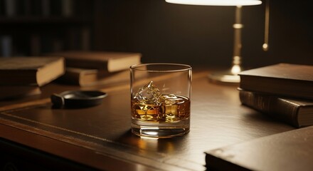 Whiskey contemplation: A glass of amber liquor and aged books in a classic study