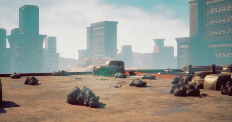 A vast, deserted rooftop in a futuristic cityscape features scattered debris and towering buildings. The atmosphere is surreal with a hazy sky and crumbling structures hinting at past activity. - Powered by Adobe